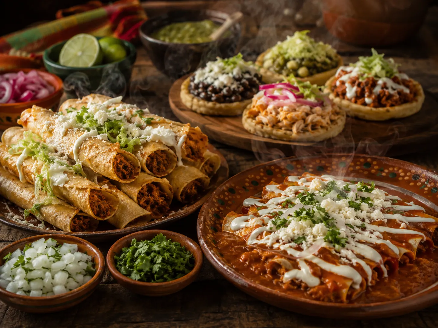 Buffet de antojitos mexicanos con flautas, enchiladas y sopes