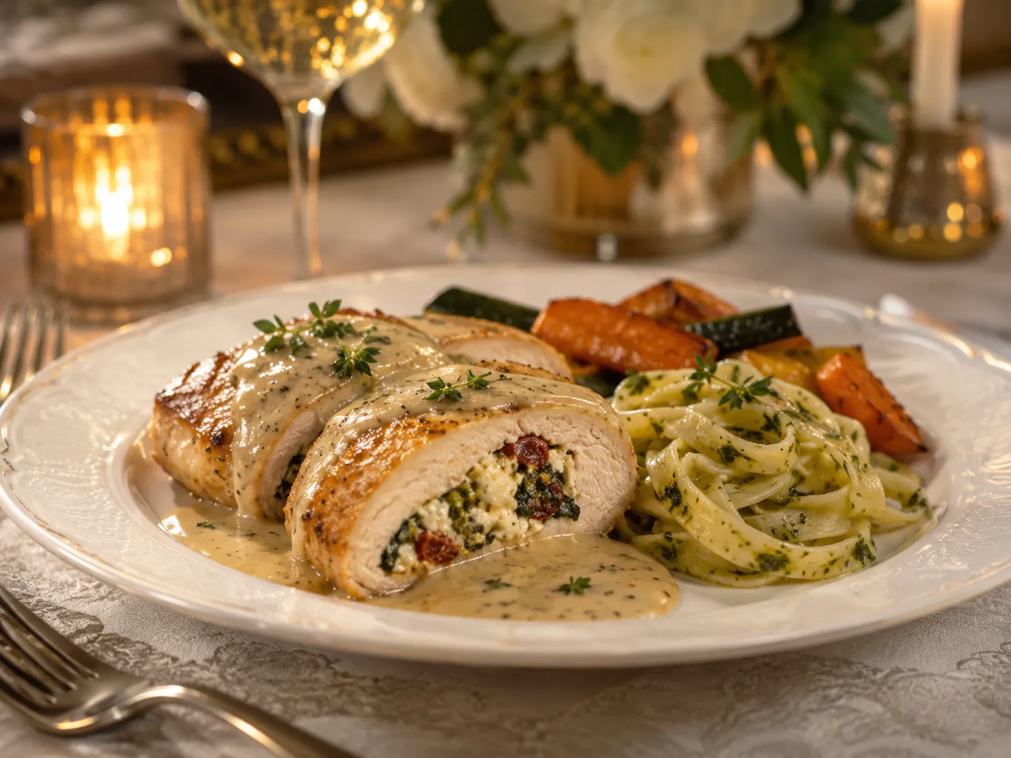 Plato fuerte emplatado de pechuga rellena con guarniciones