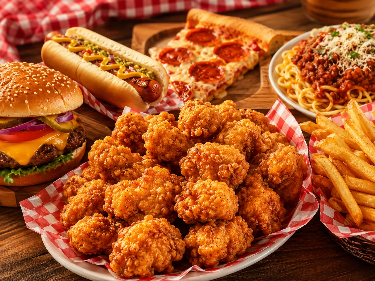Buffet de pizza, pasta, hotdogs, hamburguesas, papas y boneless