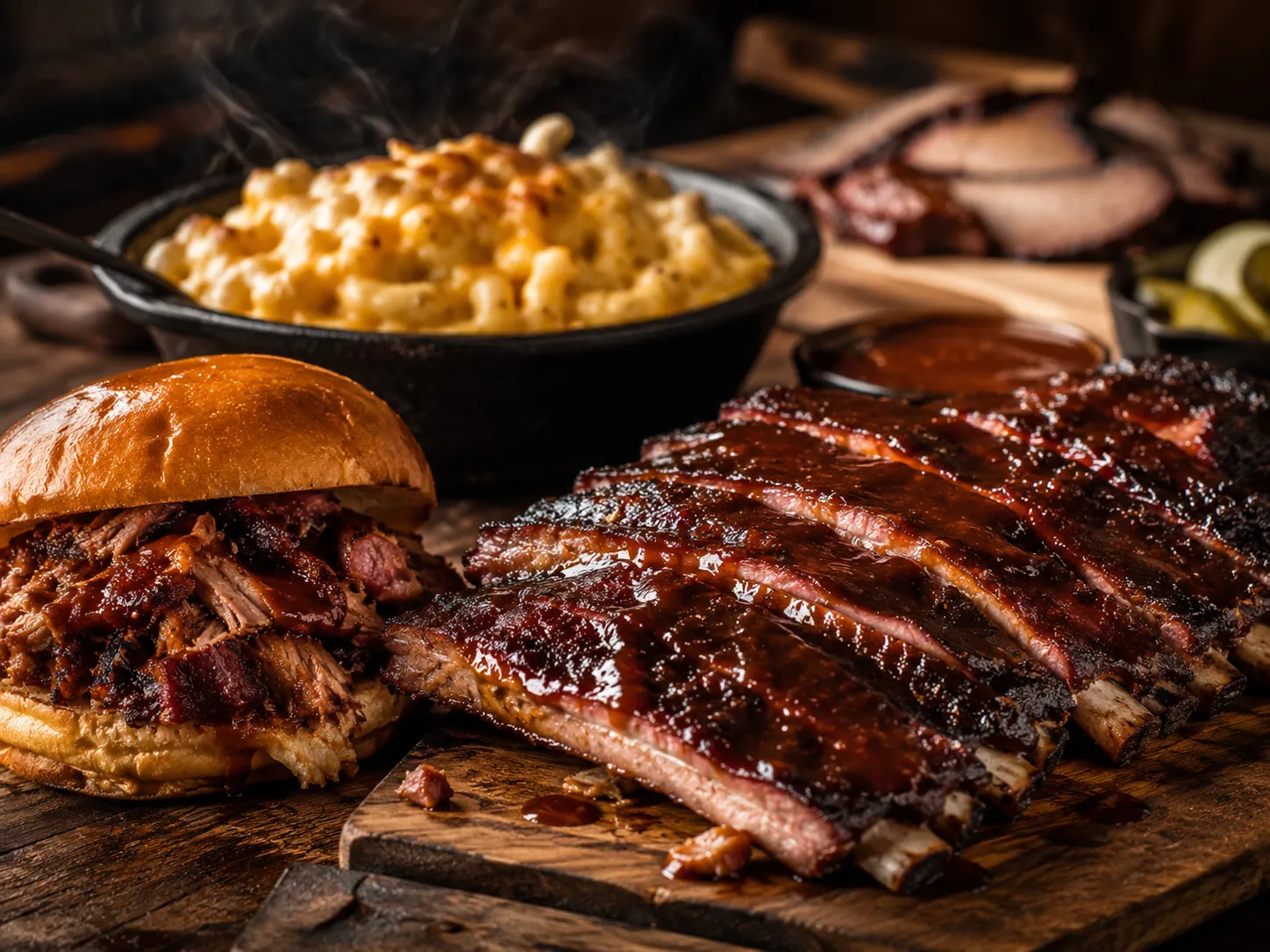 Buffet country con costillas BBQ, brisket y hotdogs