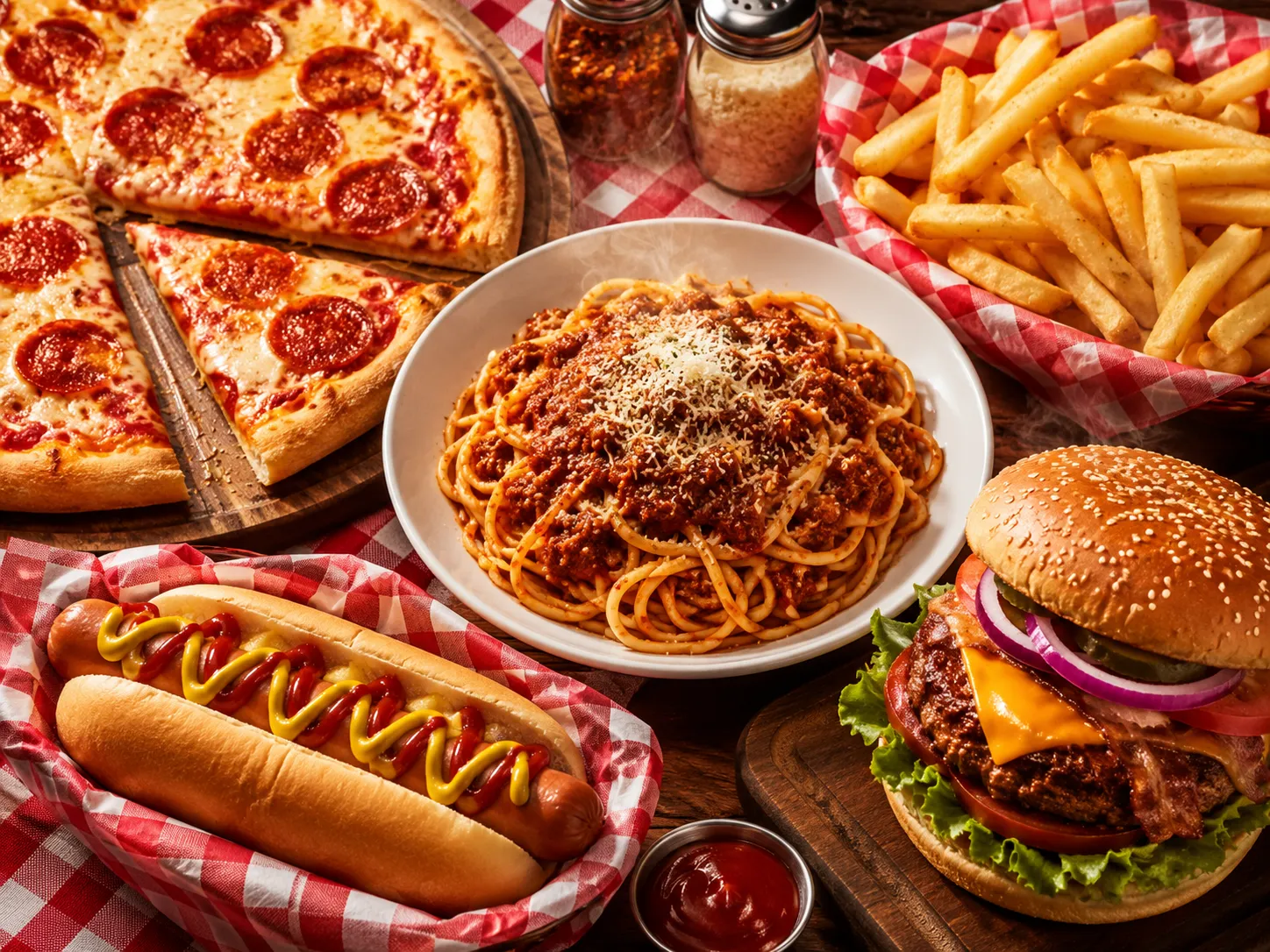 Buffet de pizza, pasta, hotdogs, hamburguesas y papas