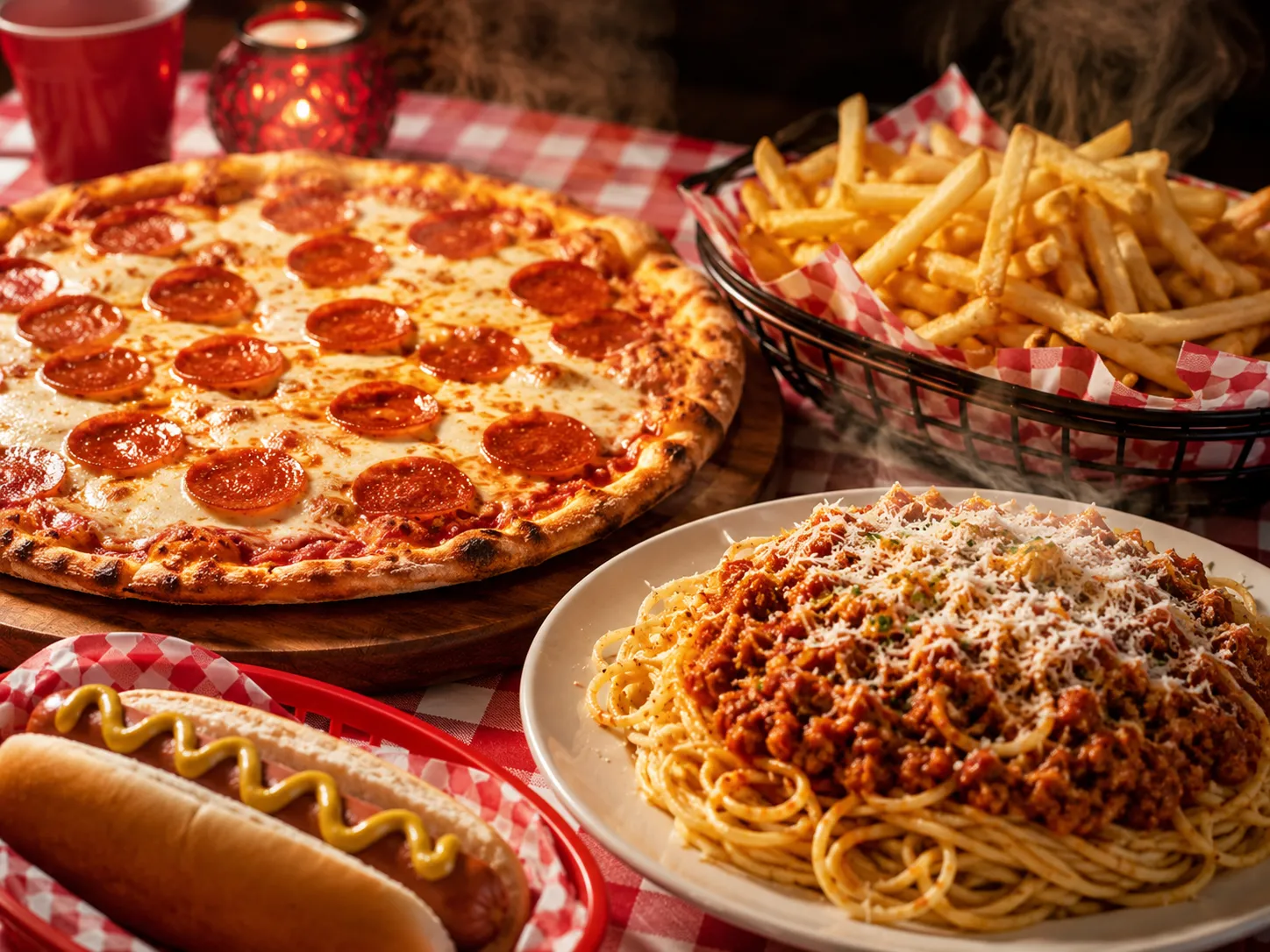Buffet de pizza, pasta, hotdogs y papas